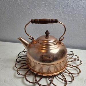 Vintage 1970's Coppertone Aluminum Colonial America Style Tea Kettle Wood Handle